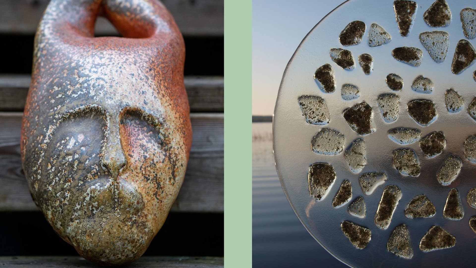 ansikte i keramik och glastallrik med olika färgbitar insprängda och horisont mot vatten i bakgrunden