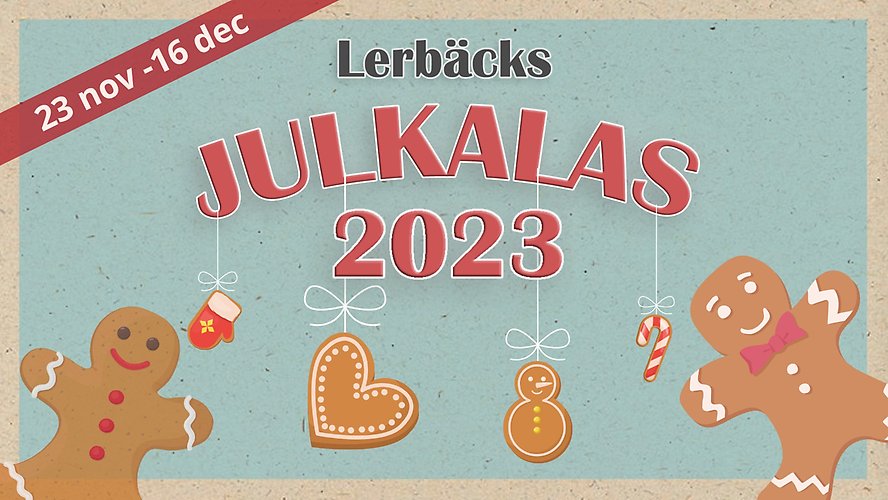 Affisch för "Lerbäcks Julkalas". Flera pepparkakor framför en blå bakgrund.