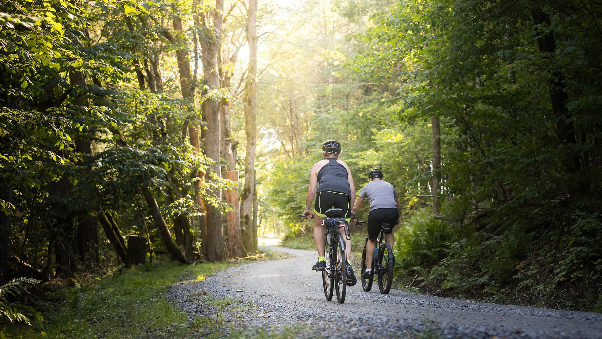 Två cyklister som cyklar på en liten grusväg med skog på båda sidor. 