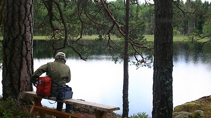 En man som sitter på en bänk framför en sjö med träd i bakgrunden.