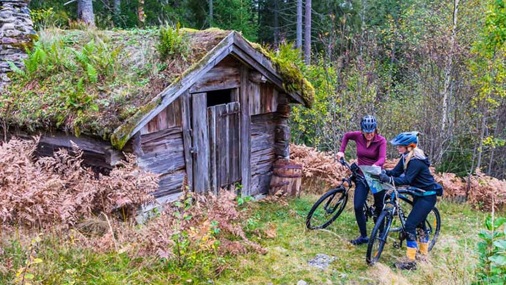 Två kvinnor med varsin MTB cykel står och kollar på en karta vid en liten trästuga ute i skogen.